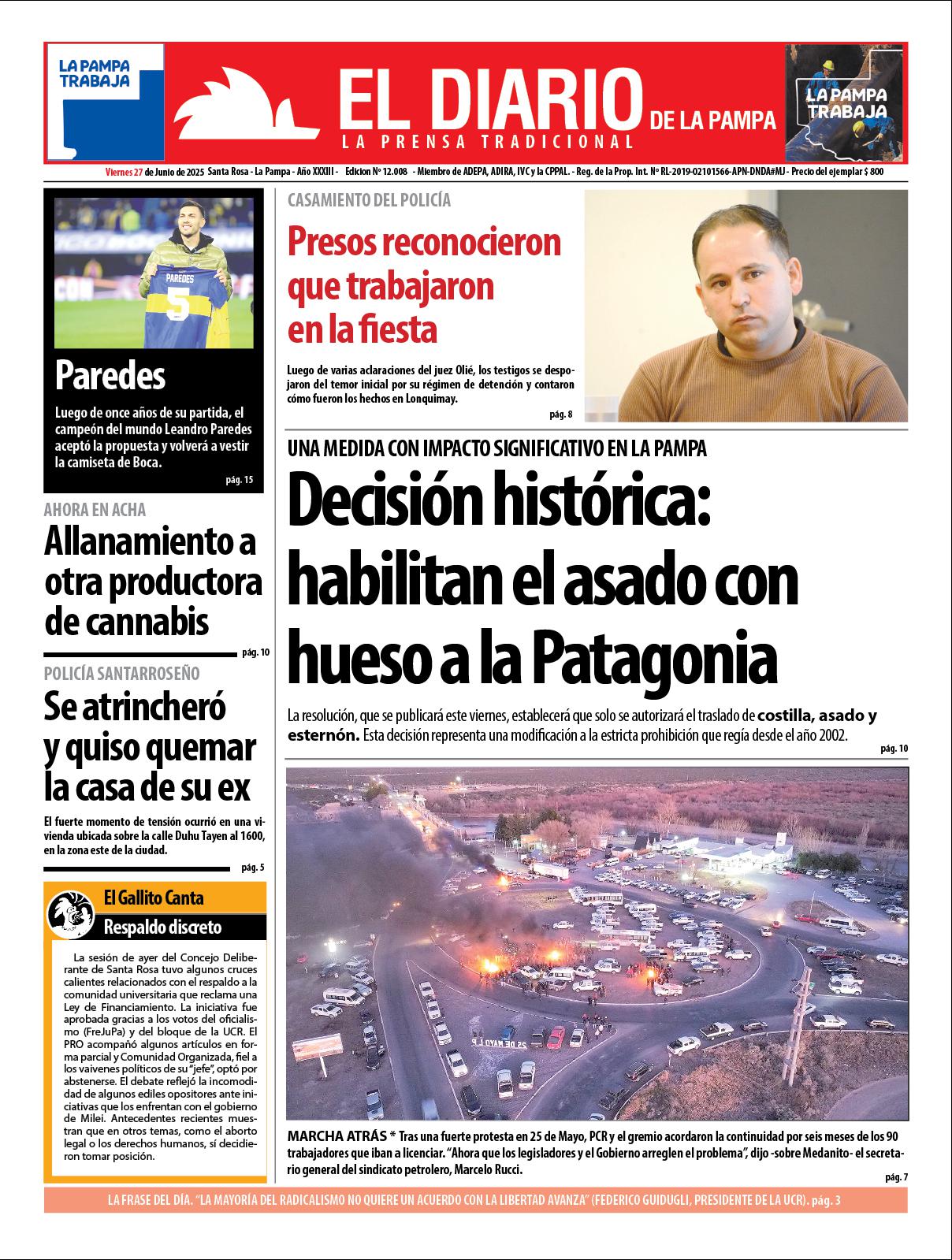 Tapa de El Diario en papel  viernes 27 de junio de 2025